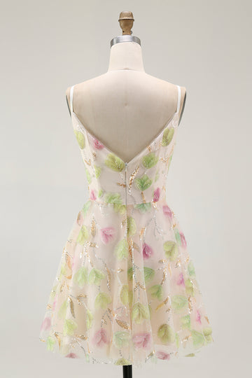 Apricot Floral Sequin A Line Mini Homecoming Dress